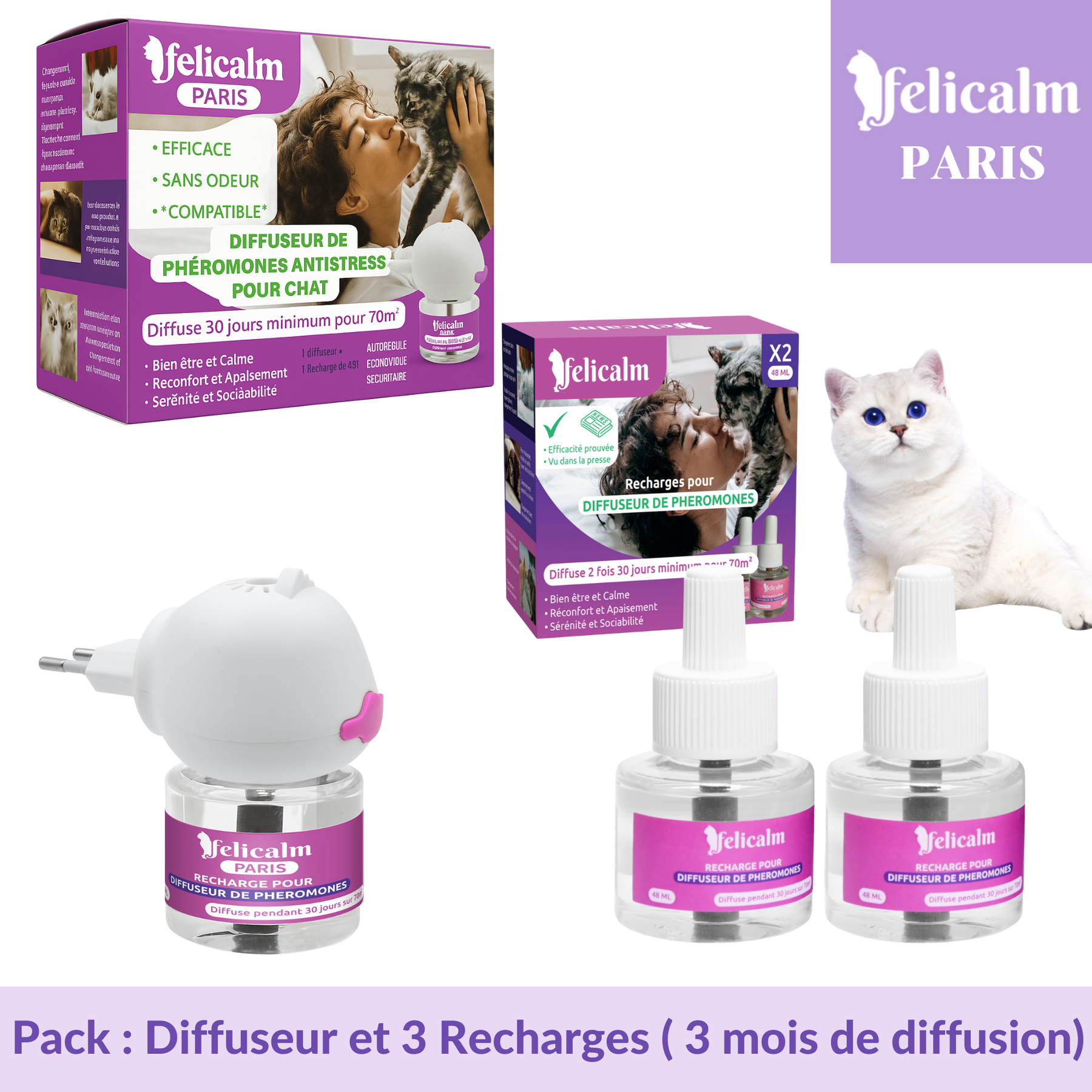 Pack Felicalm – 1 Diffuseur + 3 recharges de phéromones pour chats – 3 mois de diffusion apaisante