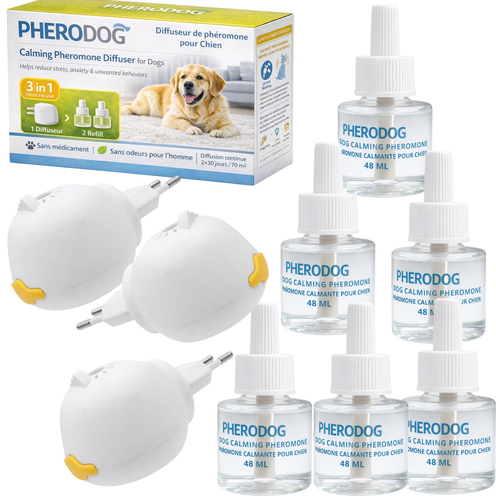 PheroDog  Phéromones Chien  1 Diffuseur et  2 Recharges apaisant pour chien  – Felicalm Paris